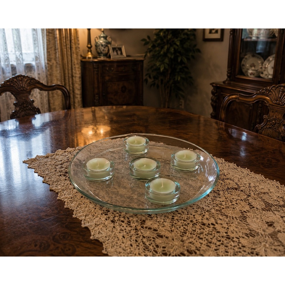 Vintage Green Glass Candle Holder Tray with‎ 5 Tealight Cups Round Centerpiece